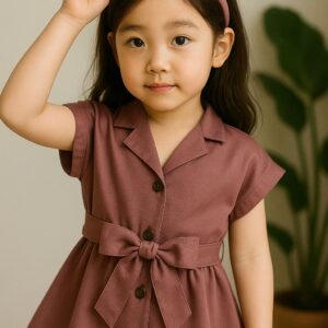 Dress anak perempuan maroon dengan pita dan bando serasi, model lengan pendek, cocok untuk usia 3–6 tahun, bahan katun nyaman untuk acara formal dan kasual
