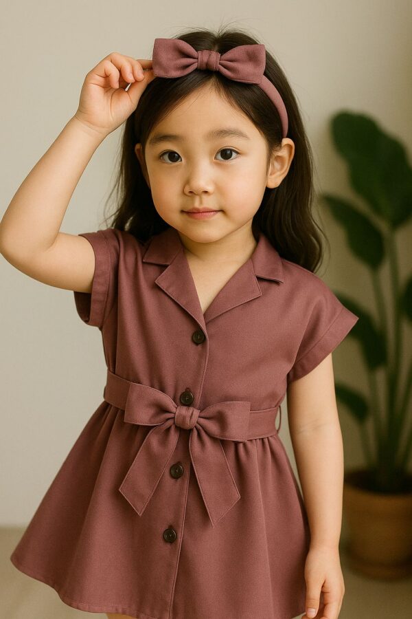 Dress anak perempuan maroon dengan pita dan bando serasi, model lengan pendek, cocok untuk usia 3–6 tahun, bahan katun nyaman untuk acara formal dan kasual